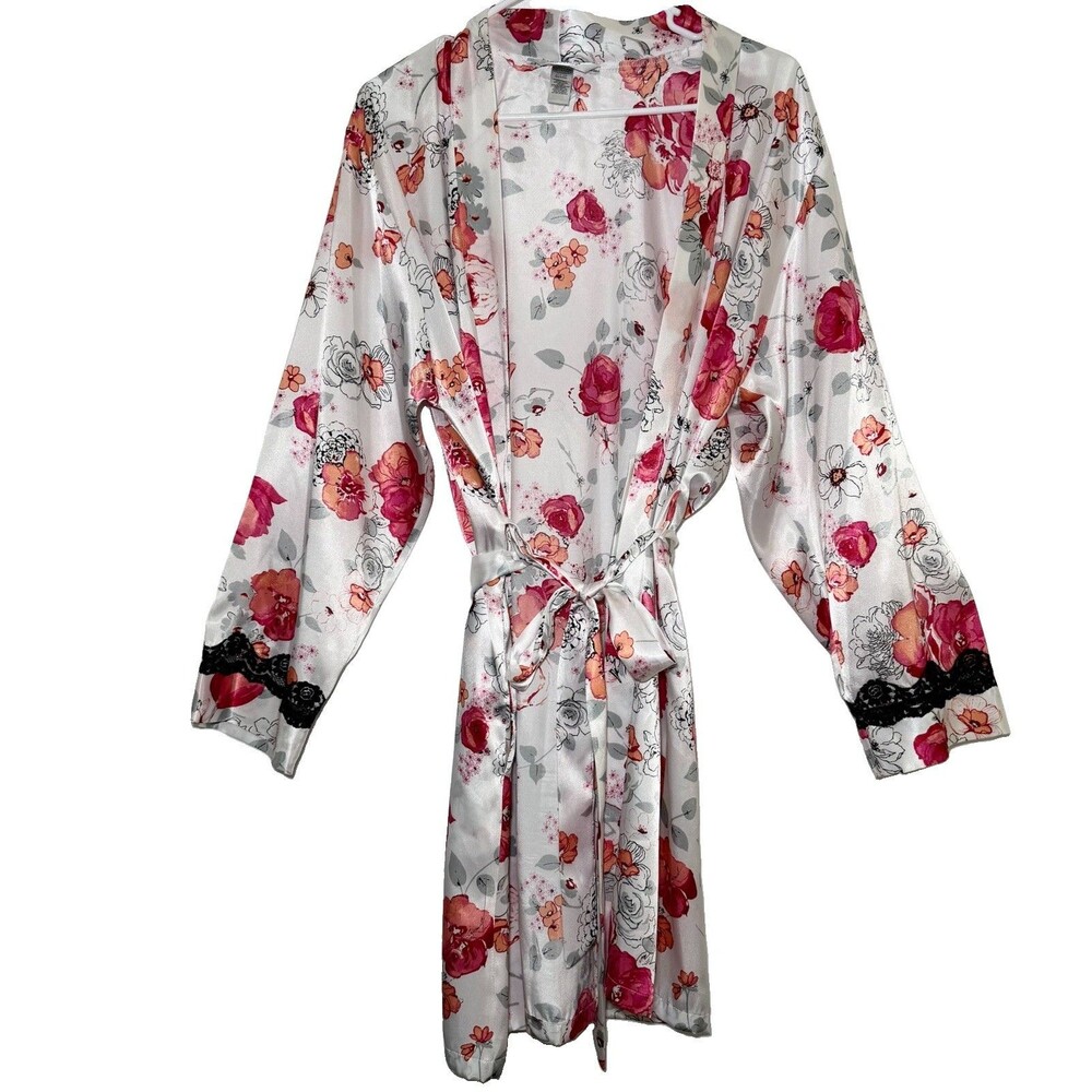 Delicates Floral Satin Robe Medium White Pink Black Lace Tie Belt Kimono M